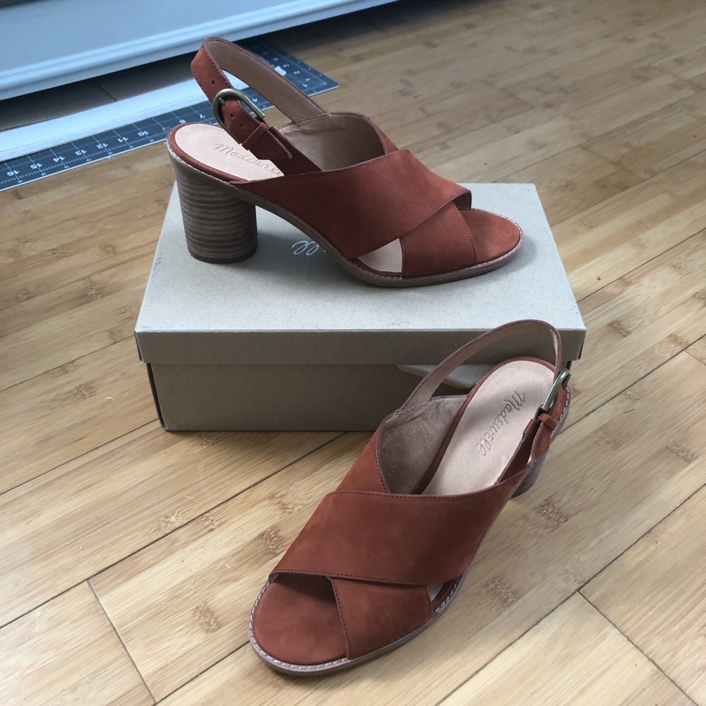 Madewell Ruthie Crisscross Nubuck Suede Chunky Block Heels Spiced Cider Size 10 - Picture 3 of 9